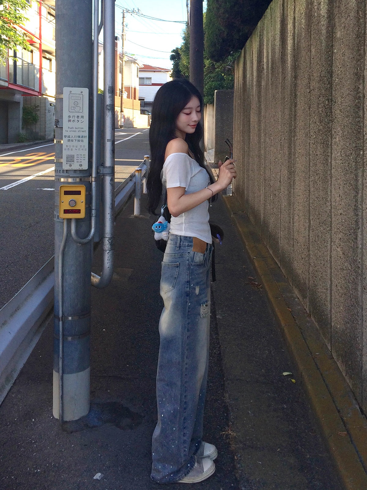 ラインストーンウォッシュデニムパンツ　