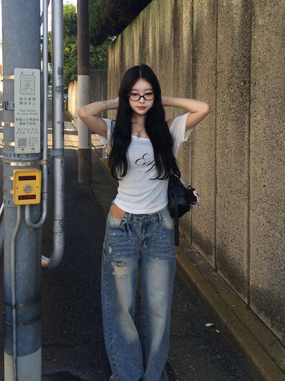 ラインストーンウォッシュデニムパンツ　