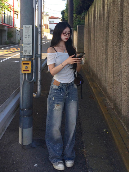 ラインストーンウォッシュデニムパンツ　