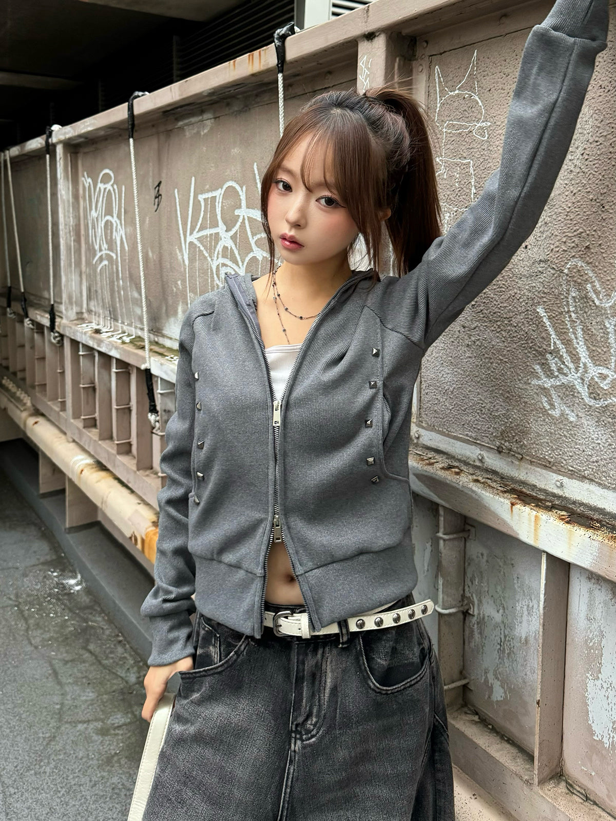 スタッズダブルジップリブパーカー