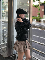 フーディーレザータッチジャケット - ブラック