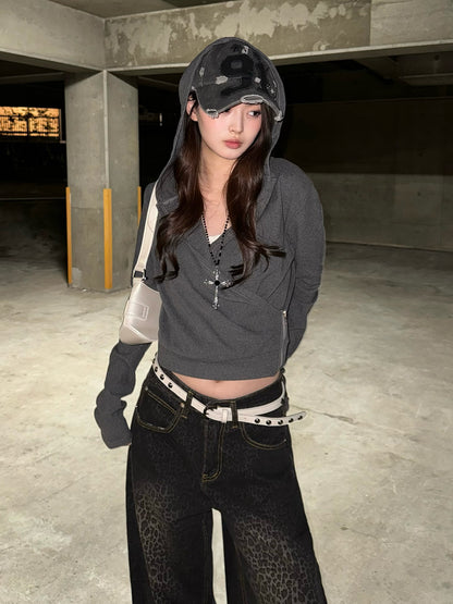 カシュクールフーディークロップドカットソー