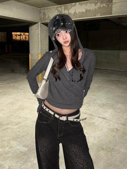 カシュクールフーディークロップドカットソー