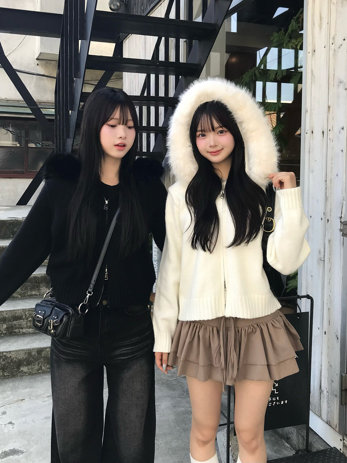 ファータッチ连帽双拉链针织衫