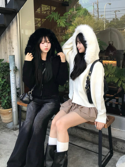 ファータッチ连帽双拉链针织衫