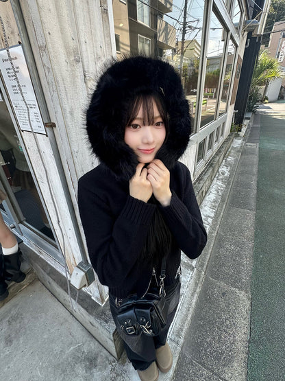 ファータッチ连帽双拉链针织衫