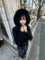 ファータッチ连帽双拉链针织衫 - 黑色