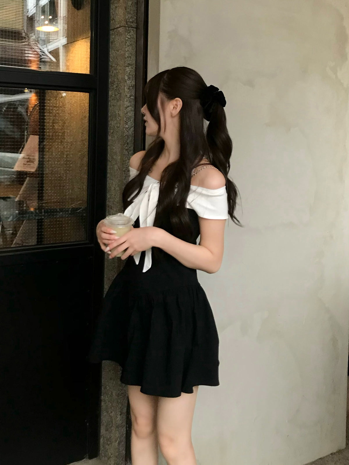 オフショルリボンバイカラーミニワンピース