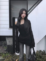 フレアスリーブメッシュニット - ブラック