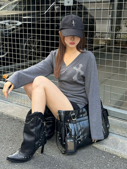 ウエストリボンクロスVネックカットソー