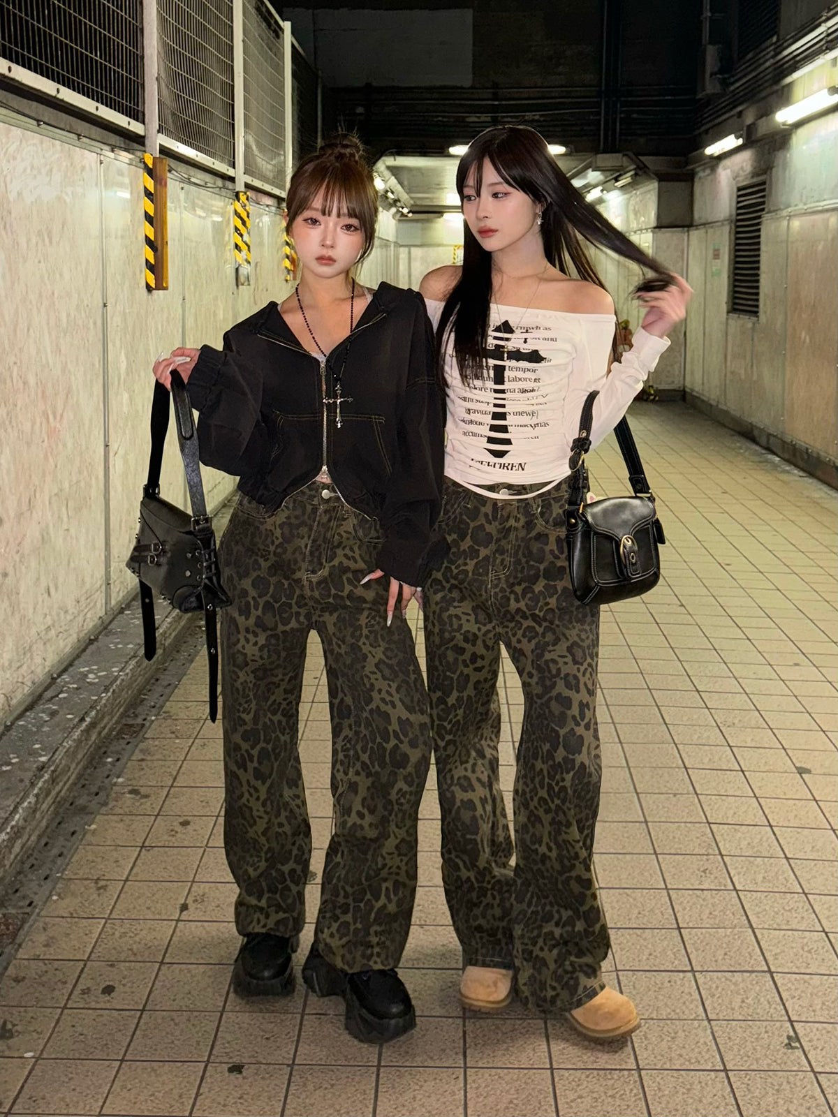 レオパードワイドストレートデニムパンツ