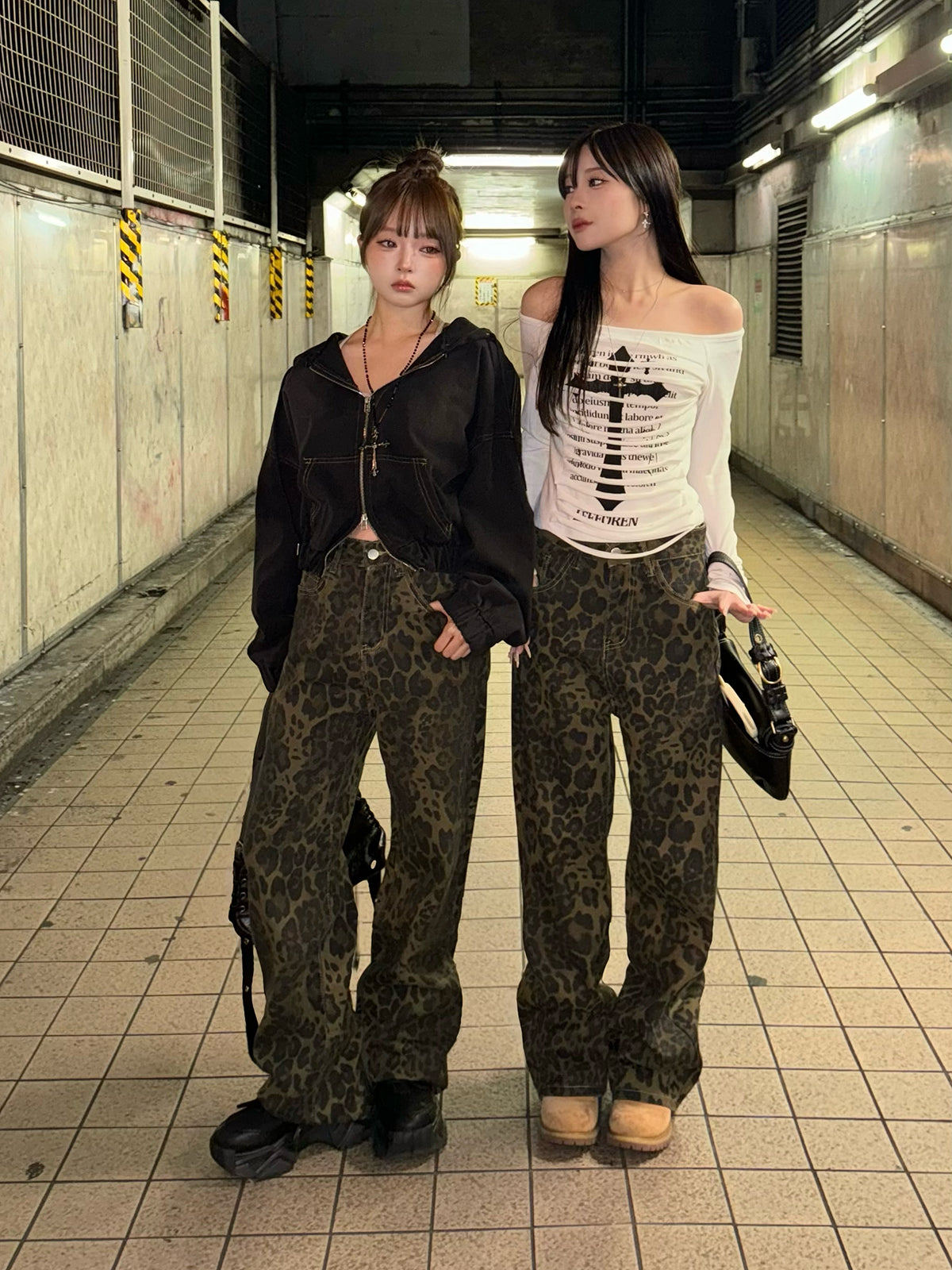 レオパードワイドストレートデニムパンツ