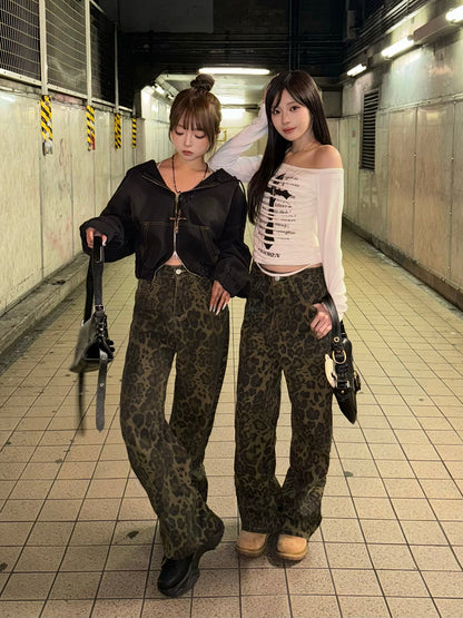 レオパードワイドストレートデニムパンツ