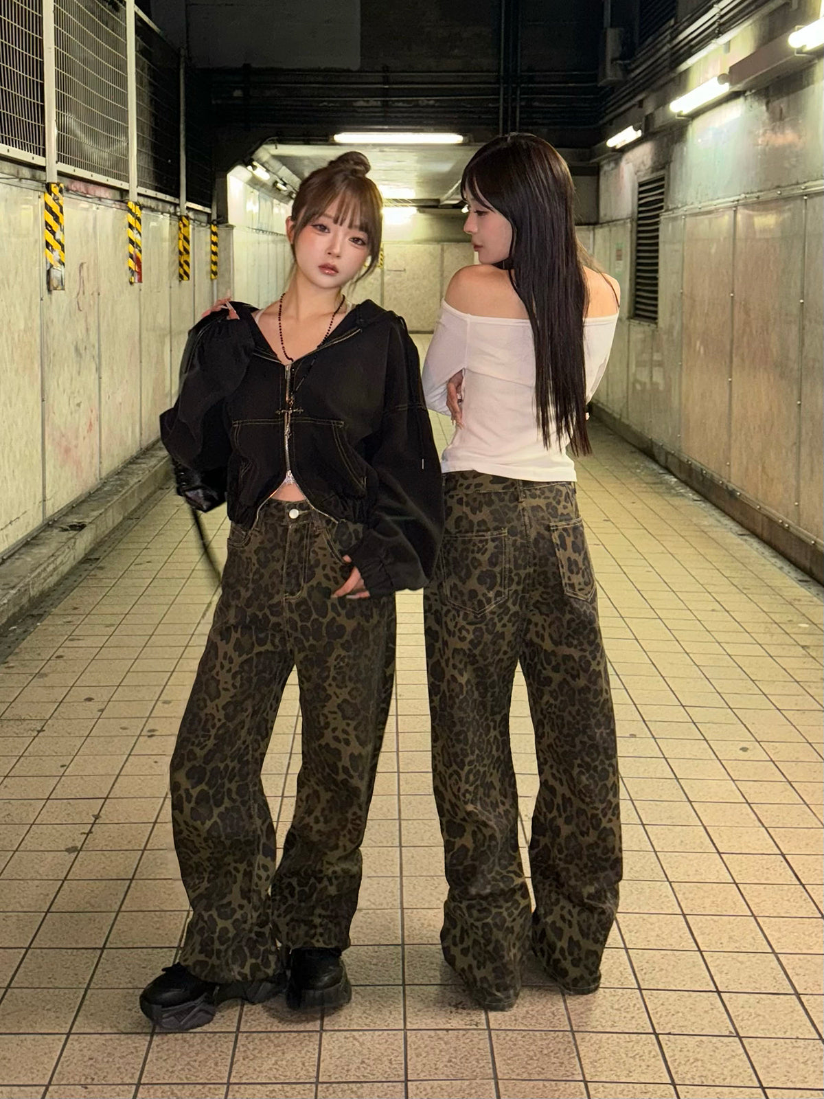 レオパードワイドストレートデニムパンツ