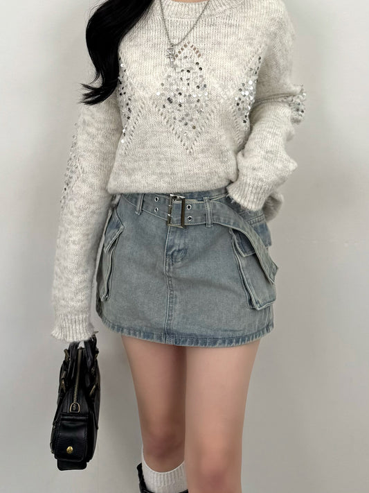 Double Hole Cargo Denim Skirt