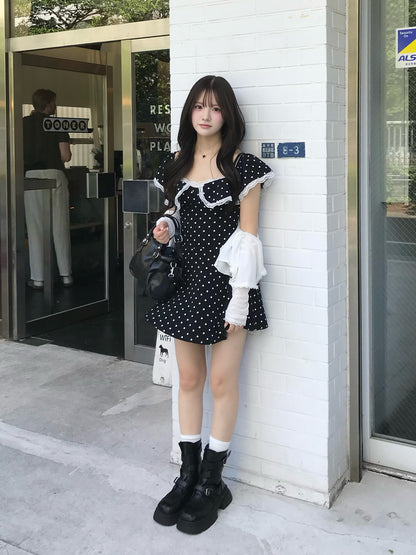 도트 프릴 미니 원피스