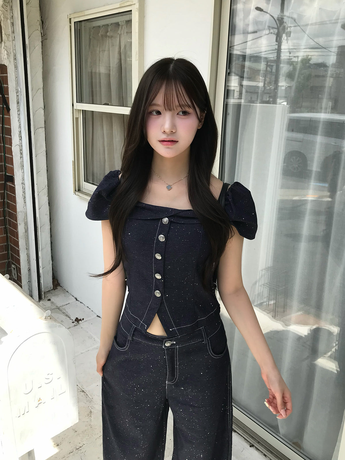 ラメステッチデニムデザインセットアップ