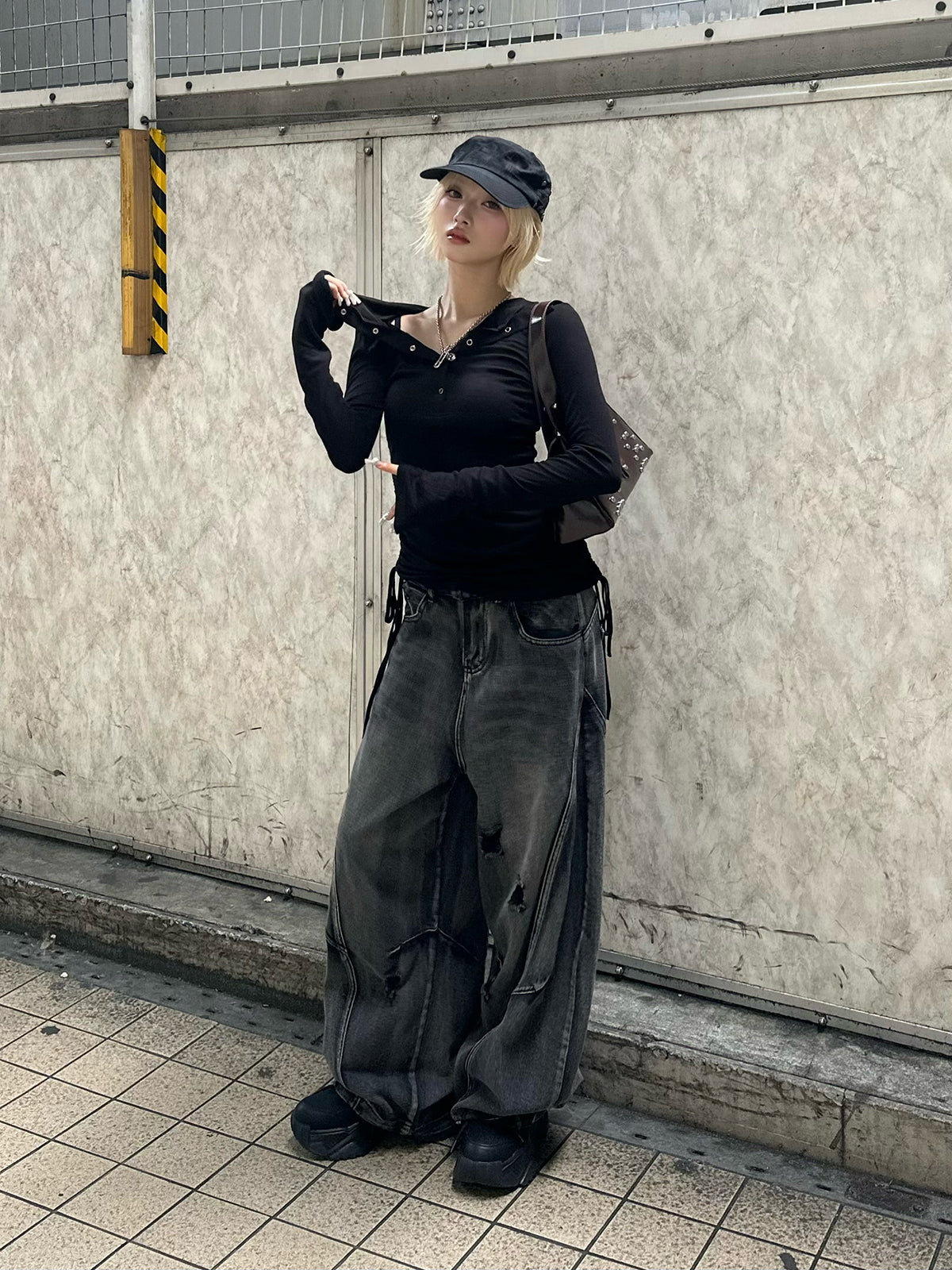 ダメージバレルレッグデニムパンツ