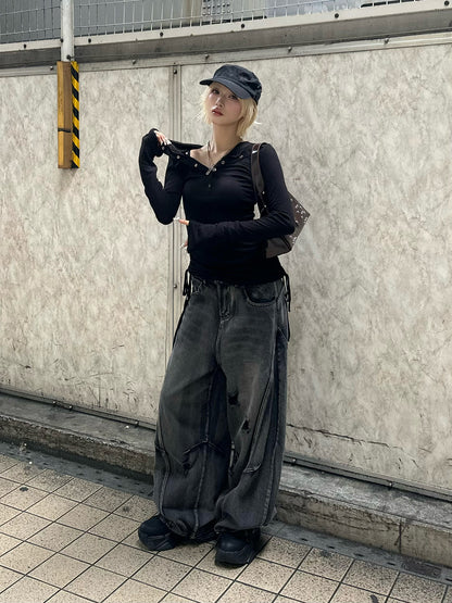 ダメージバレルレッグデニムパンツ