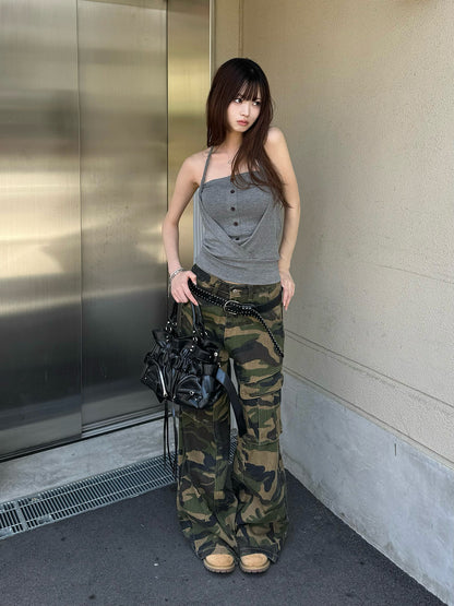 軍風口袋迷彩牛仔褲