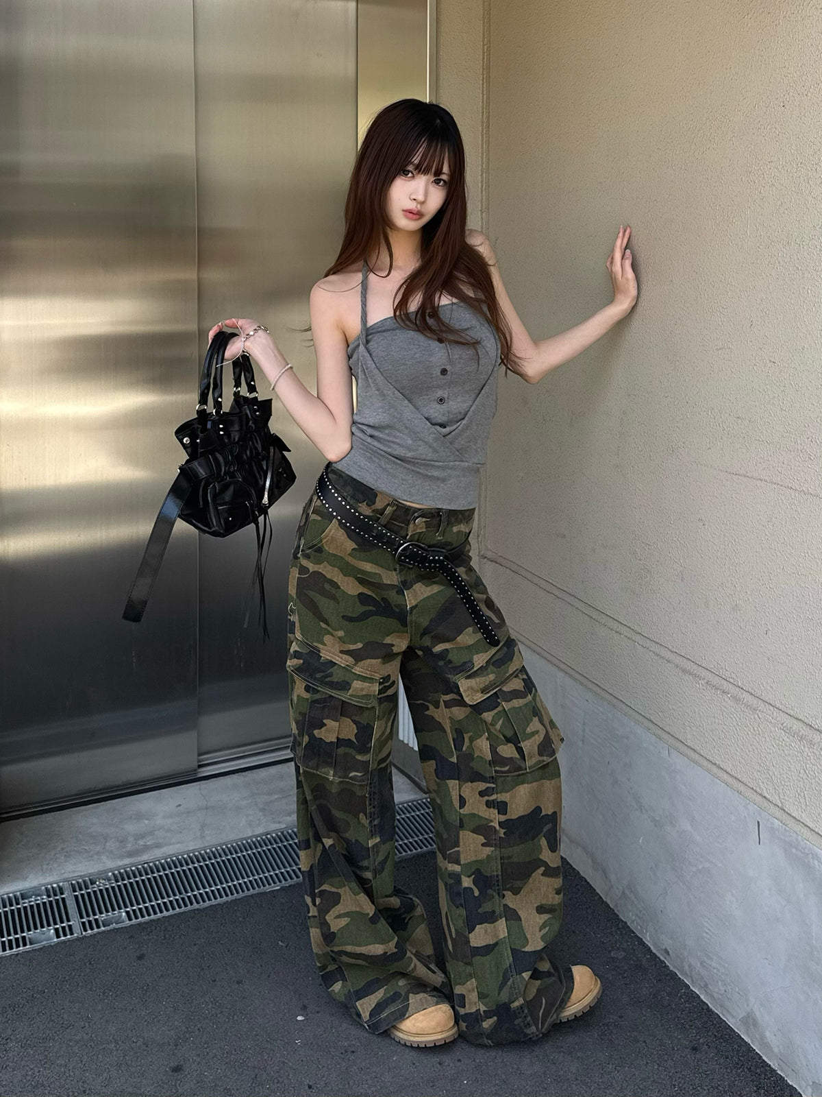 軍風口袋迷彩牛仔褲