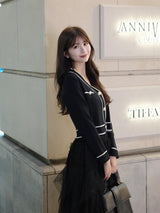 ラインニットカーディガン - ブラック