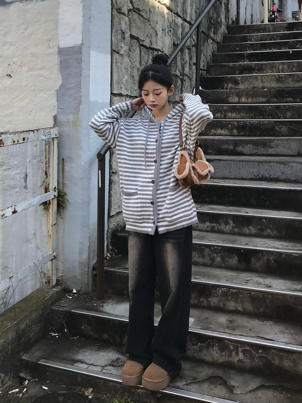 Drop Shoulder Striped Knit Cardigan