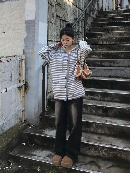 Drop Shoulder Striped Knit Cardigan