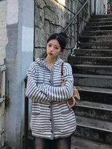 Drop Shoulder Striped Knit Cardigan - Gray