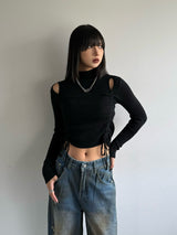 Shirring ribbon cutout knit - black