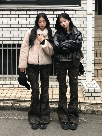 迷彩喇叭牛仔裤