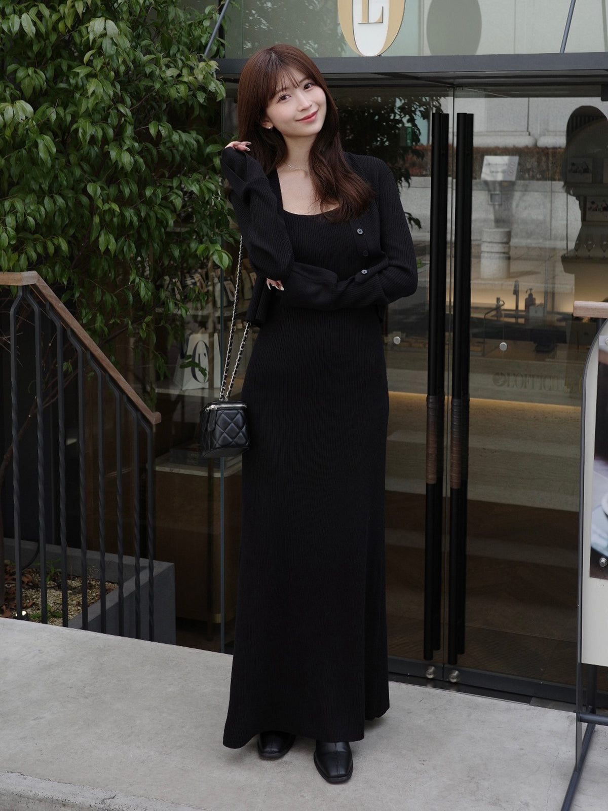 フロントボタンフレアニットセットワンピース