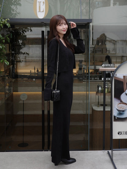 フロントボタンフレアニットセットワンピース