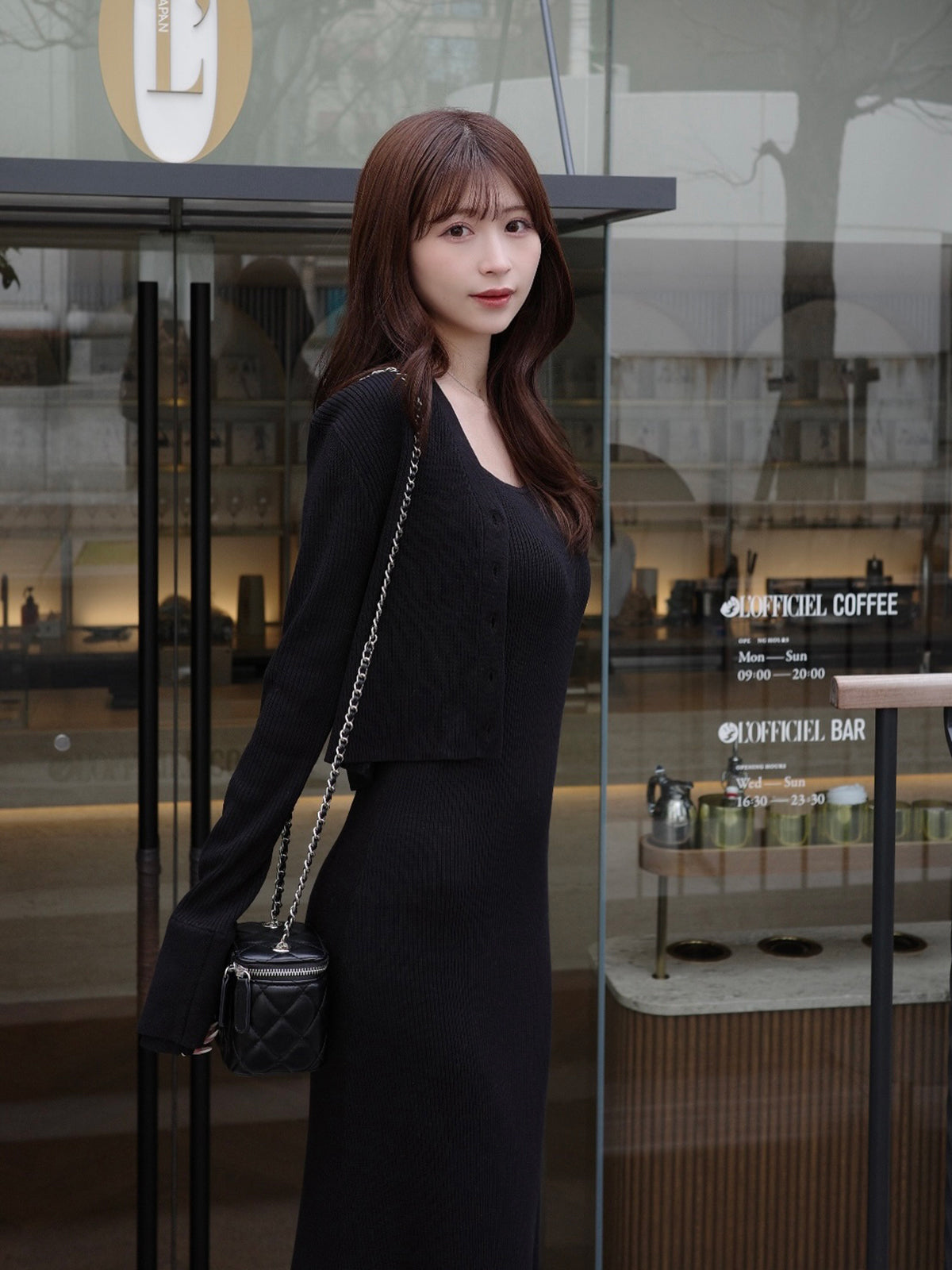 フロントボタンフレアニットセットワンピース