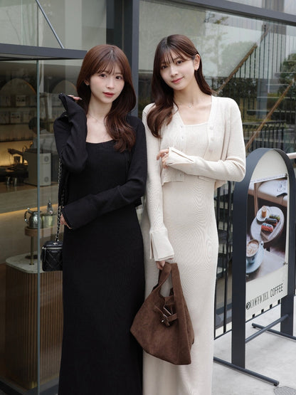 フロントボタンフレアニットセットワンピース