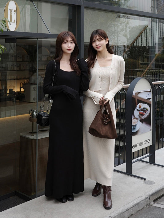 フロントボタンフレアニットセットワンピース