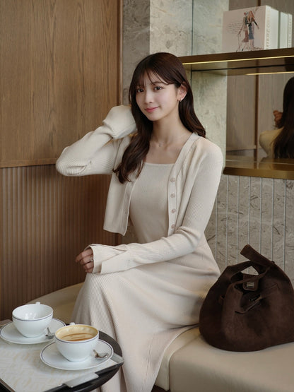 フロントボタンフレアニットセットワンピース