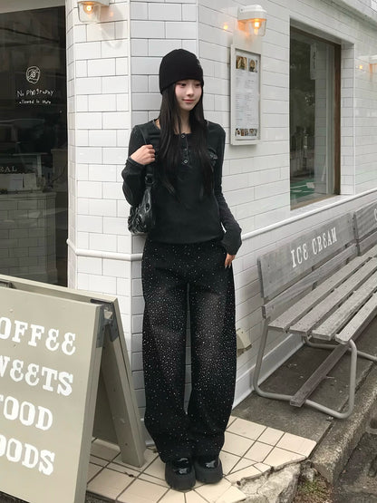 ウエストコードラインストーンワイドデニムパンツ