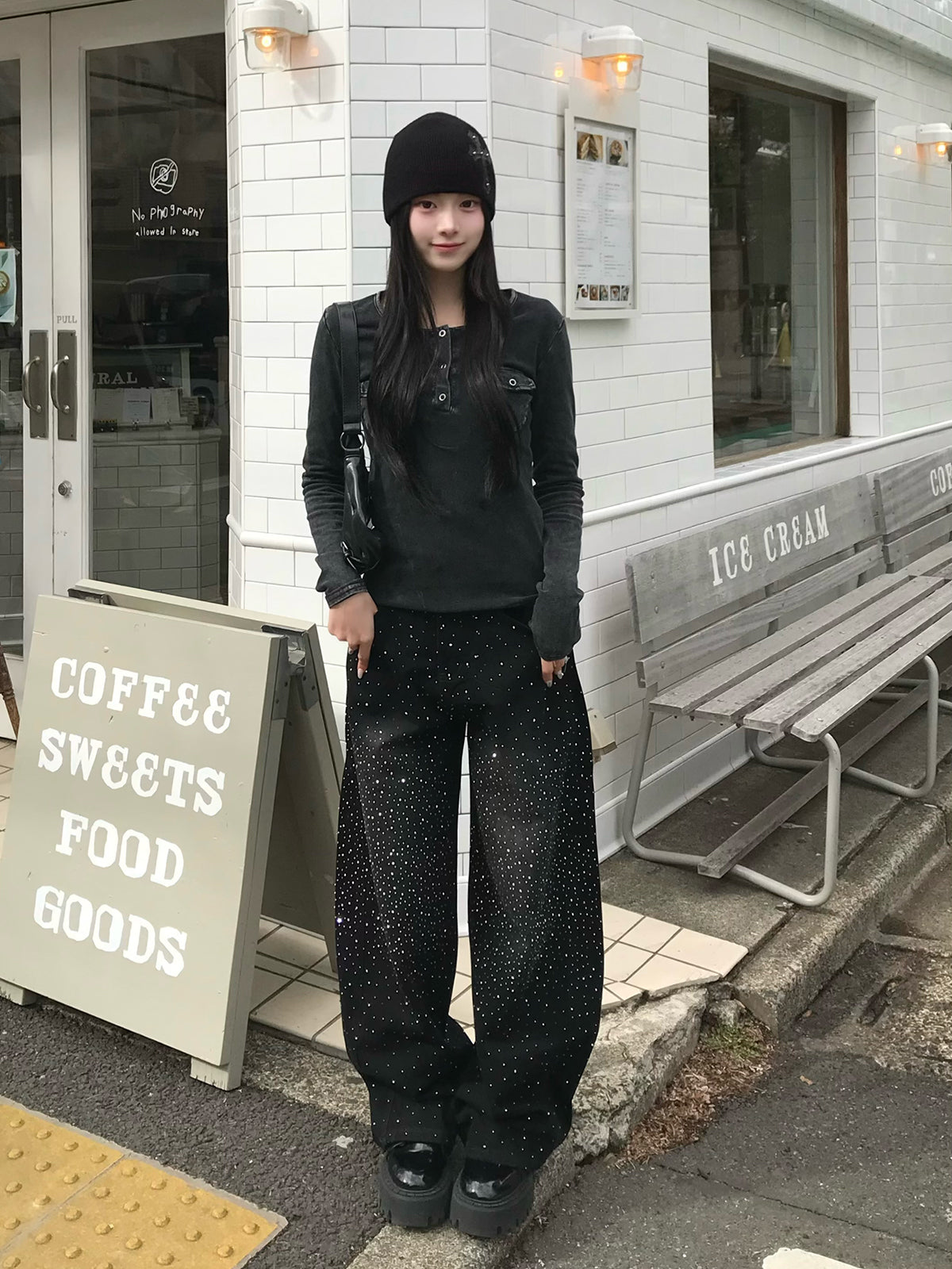 ウエストコードラインストーンワイドデニムパンツ