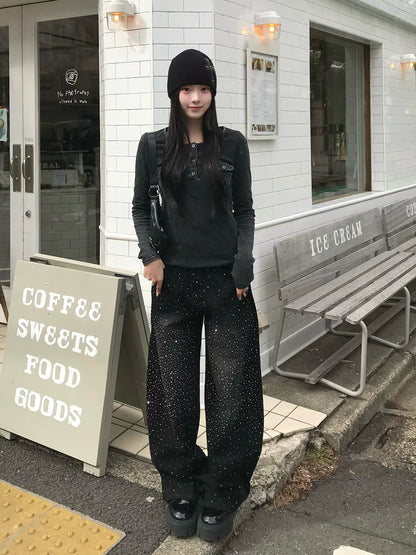 ウエストコードラインストーンワイドデニムパンツ