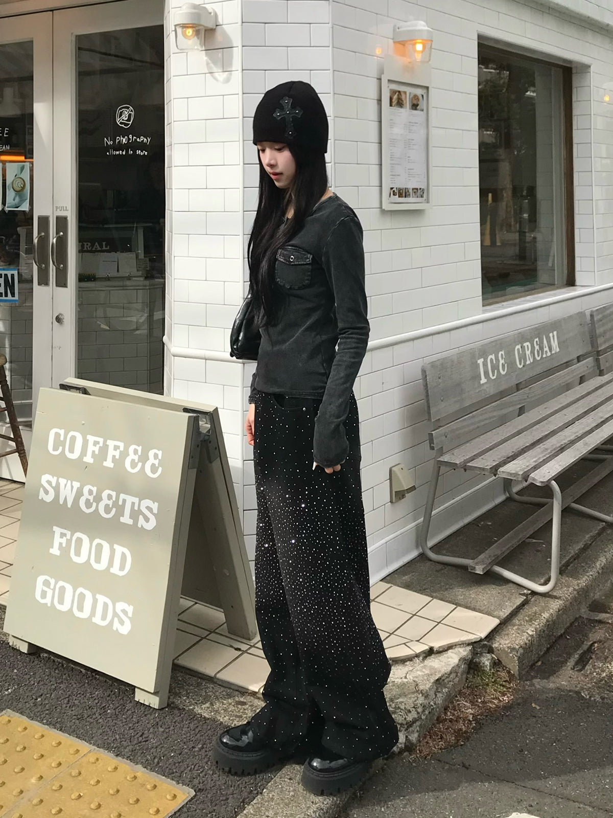 ウエストコードラインストーンワイドデニムパンツ