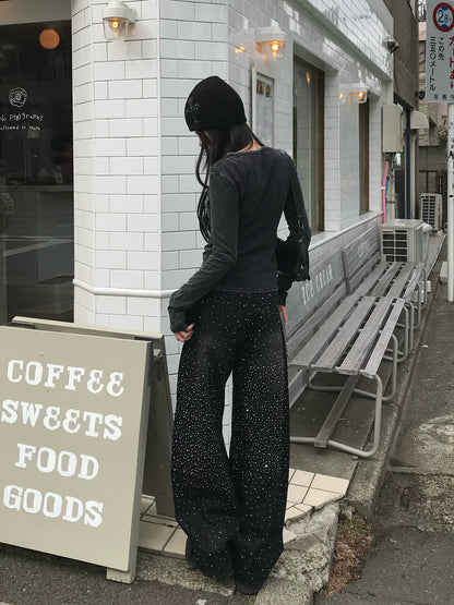 ウエストコードラインストーンワイドデニムパンツ