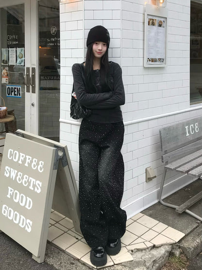 ウエストコードラインストーンワイドデニムパンツ