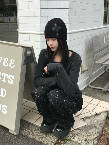 ウエストコードラインストーンワイドデニムパンツ