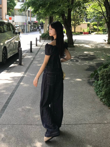ラメステッチデニムデザインセットアップ