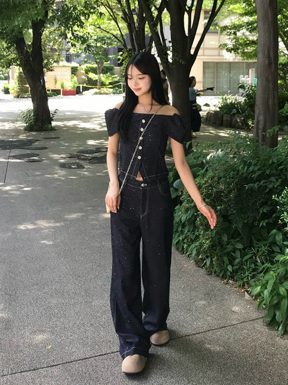 ラメステッチデニムデザインセットアップ