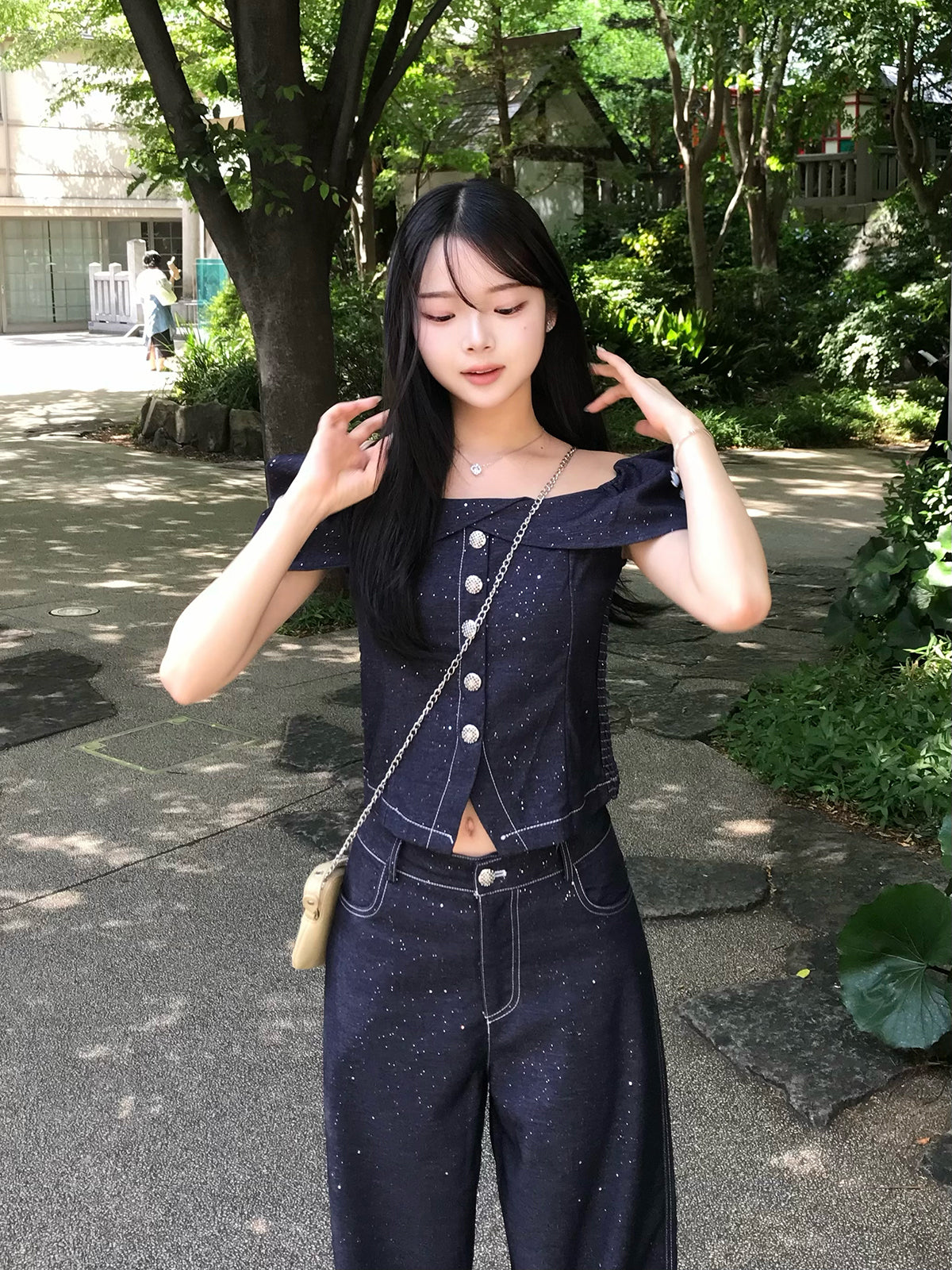 ラメステッチデニムデザインセットアップ
