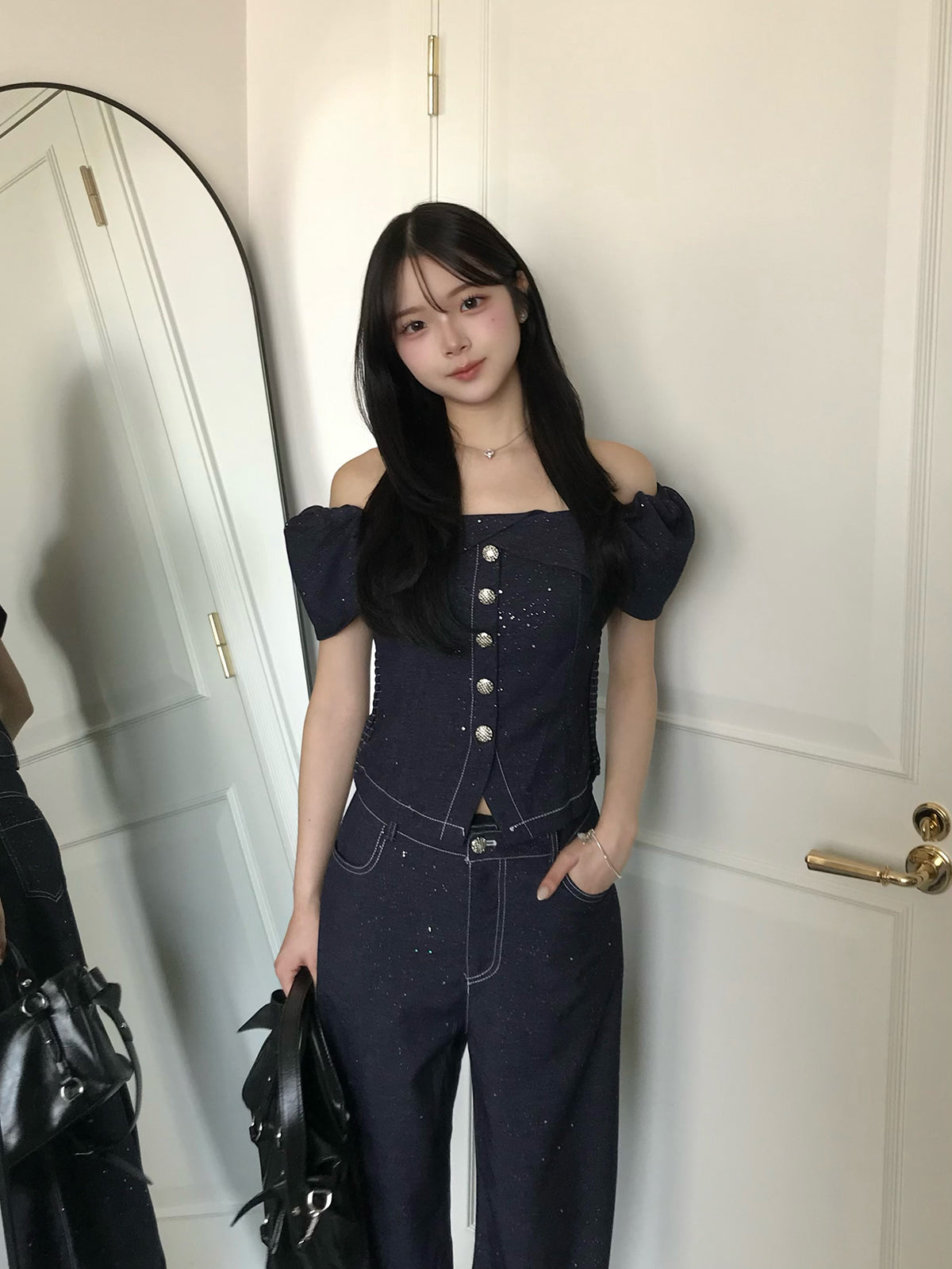 ラメステッチデニムデザインセットアップ