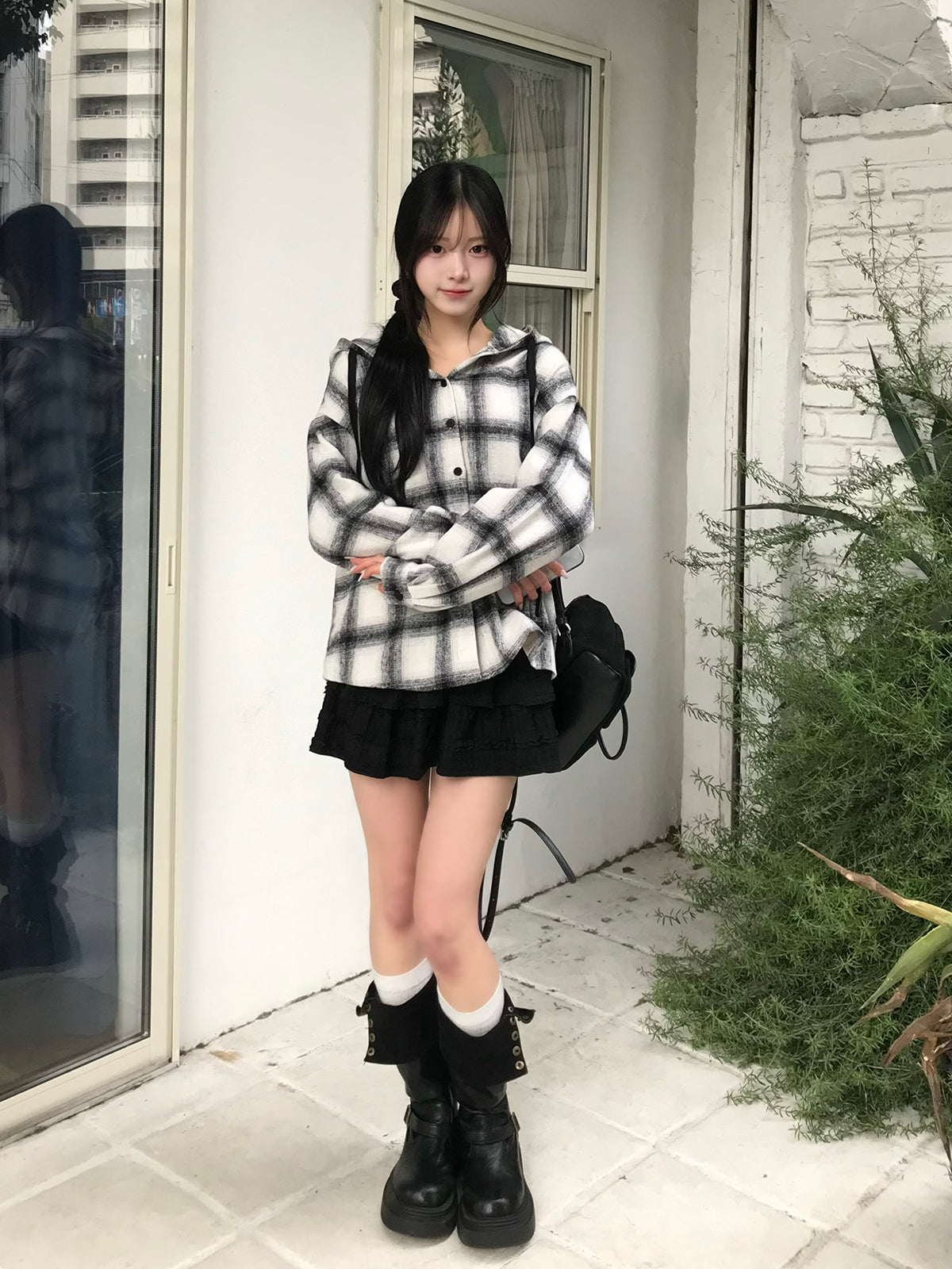 チェックフーディシャツ