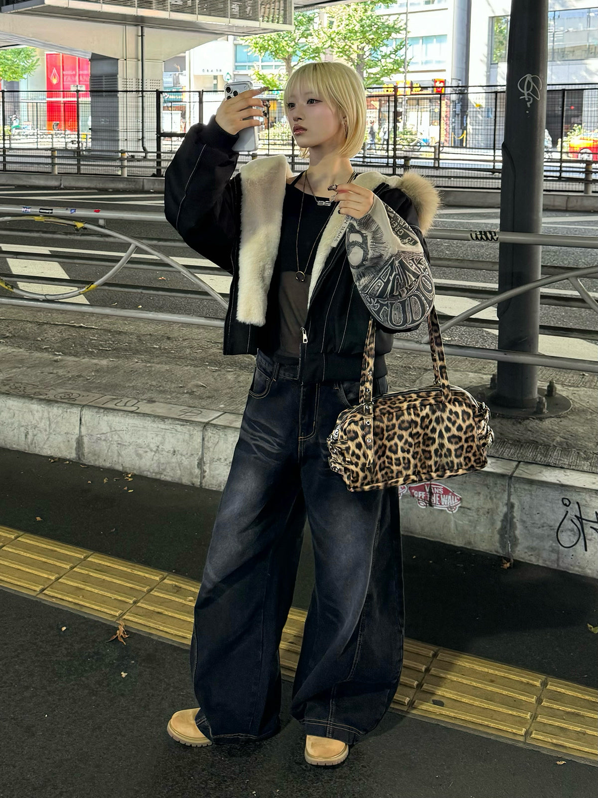 レオパードロングハンドルバッグ